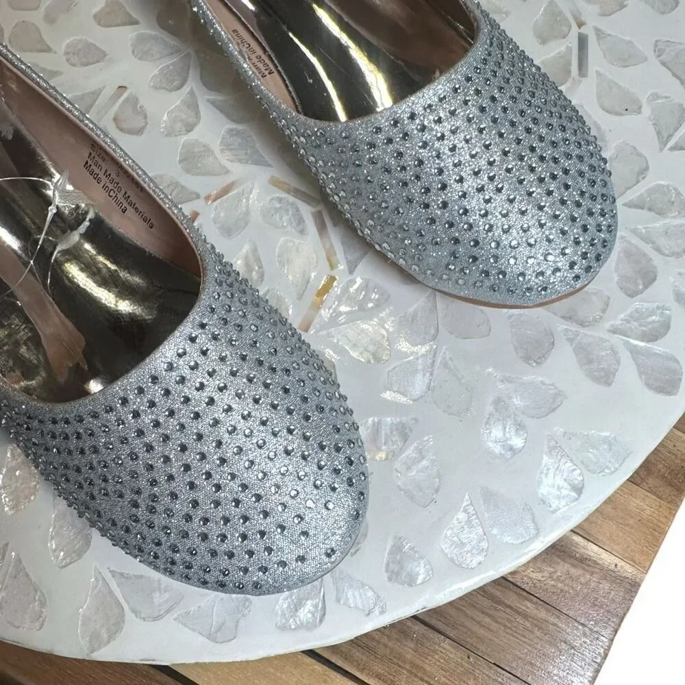 Badgley Mischka Girls Rhinestone Ballet Flats Silver Wedding Flower Girl Shoes S